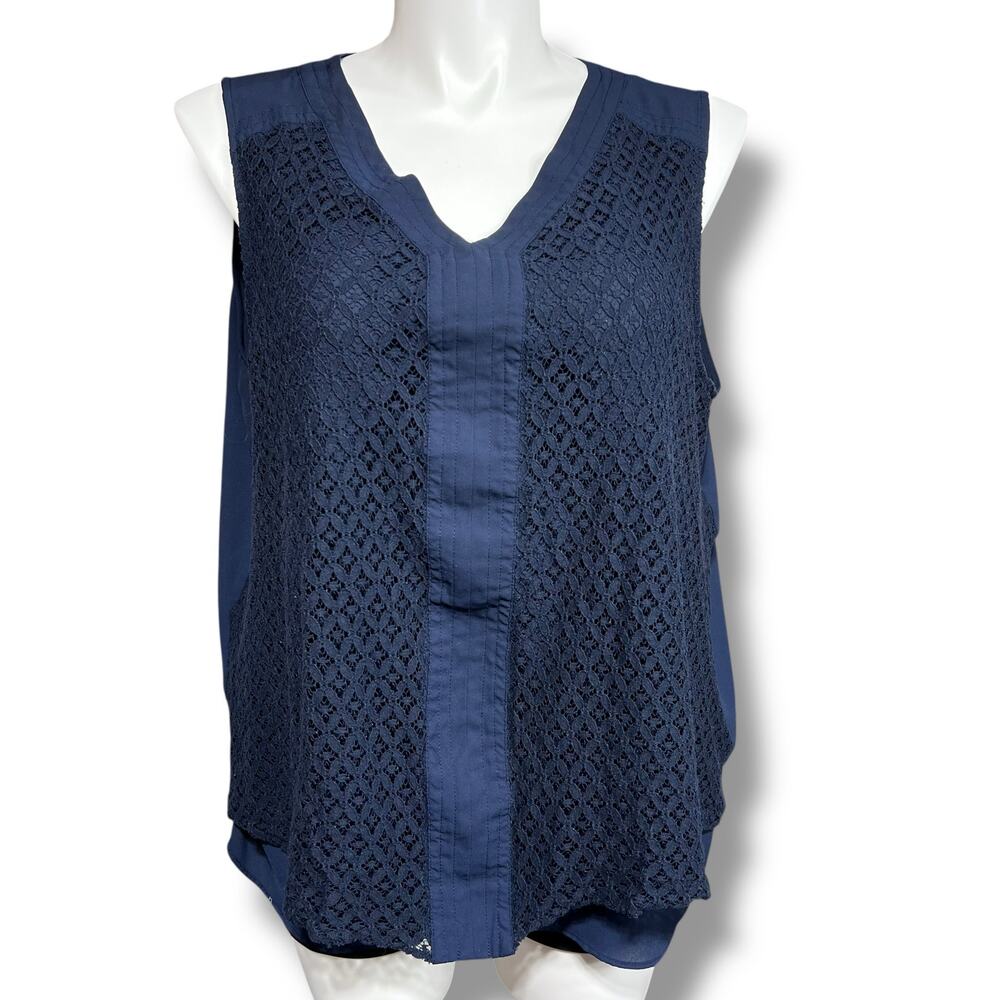 Roz & Ali Womens Blouse Shirt Top Chiffon Lace Sleeveless Pullover VNeck Blue 3X